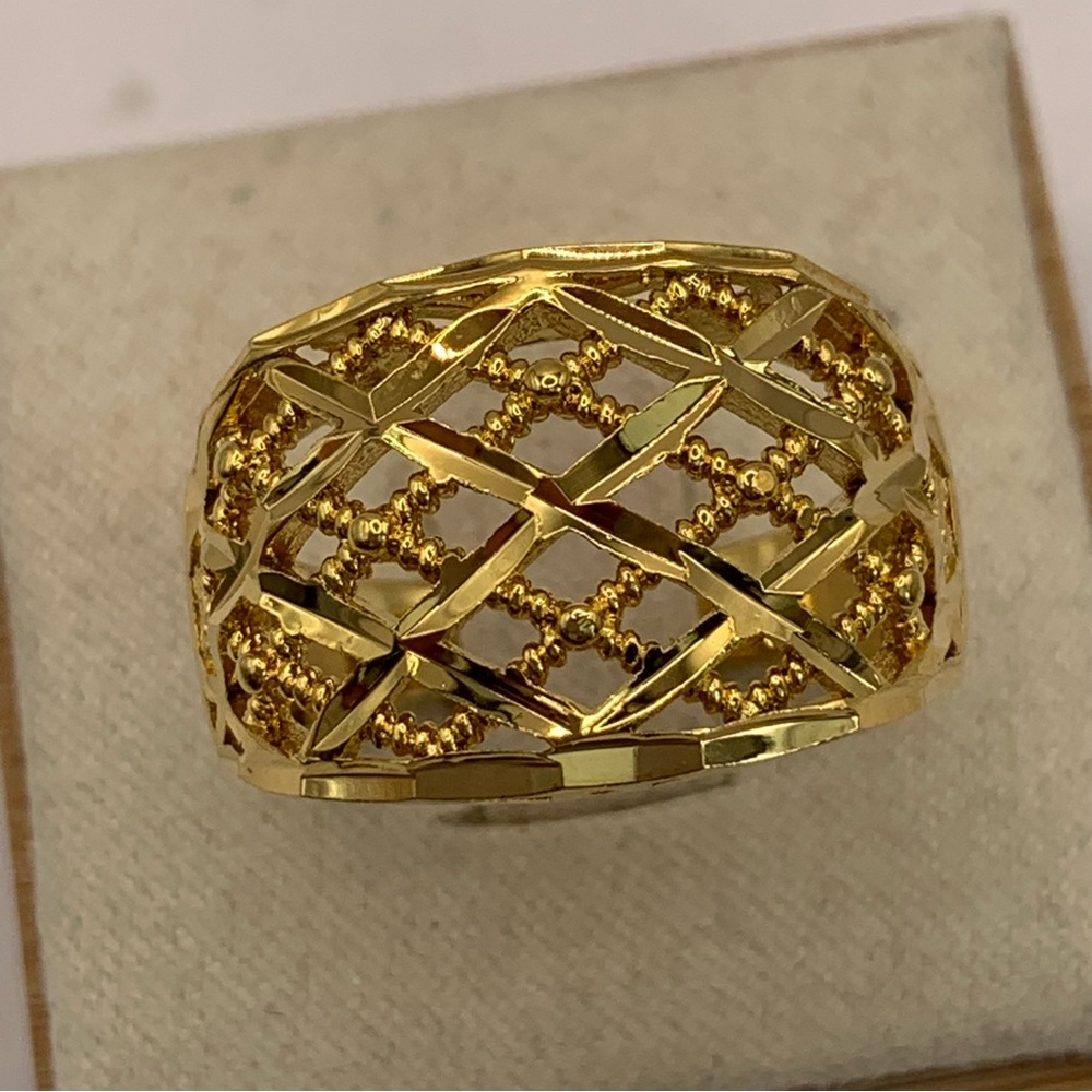 Gold plated dome statement ring with open cross hatching and scroll work 7